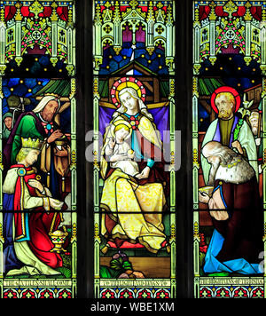 Epiphany,  Mary, Jesus,Three Kings, Wise Men, stained glass window by Mayer & Co. 1873, Brinton, Norfolk, UK Stock Photo