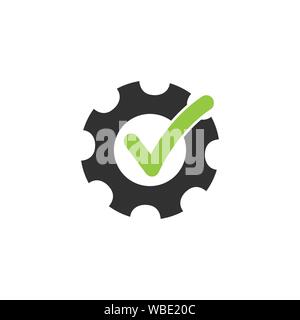 Tick or checkmark in the gear. Abstract technical vector icon illustration on white background. Green and black design. Stock Vector