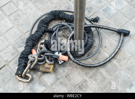 Cycle, bike,bicycle locks on city centre bike rack. UK Stock Photo