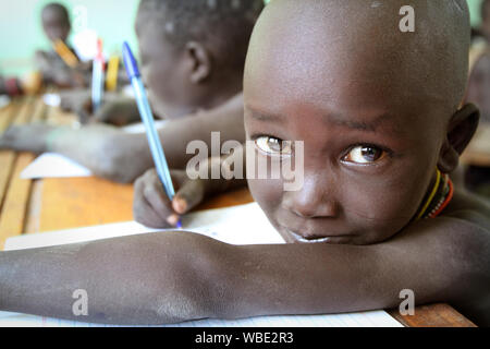 Students of the Suri tribe in a primary school in South Omo, Ethiopia. Stock Photo