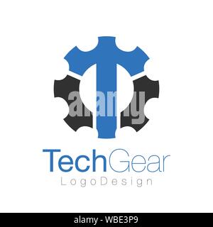 abstract logo of letter t in the gear. template logo design. Stock vector illustration isolated on white background. Stock Vector