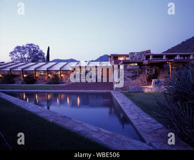 Frank Lloyd Wright's Taliesin West, his winter home and architectural school, which he began in 1937 in the foothills of the McDowell Mountains in Arizona's Sonoran Desert Stock Photo