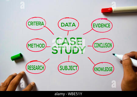 Case Study text with keywords isolated on white board background. Chart or mechanism concept. Stock Photo