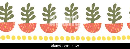 Abstract plants seamless vector border. Floral ethnic leaf motif scandi style banner. Folk art. Hand drawn illustration of succulents in plant pots Stock Vector