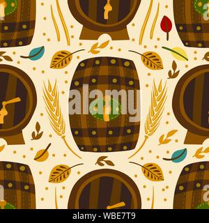 Beer festival vector seamless pattern. Oktoberfest colour illustration with barrel, wheel and autumn leaves in flat scandinavian style. Stock Vector
