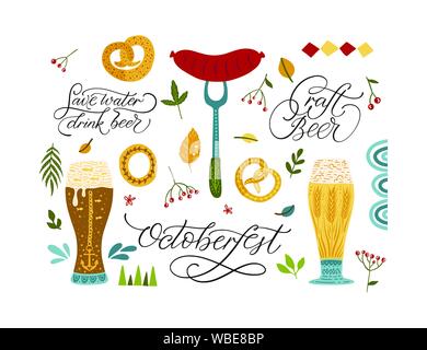 Beer festival vector illustrations with lettering quotes - Octoberfest. Craft beer. Save water drink beer. Icon collections with gingerbread, beer glass, leaves, sausage and decor elements. Stock Vector