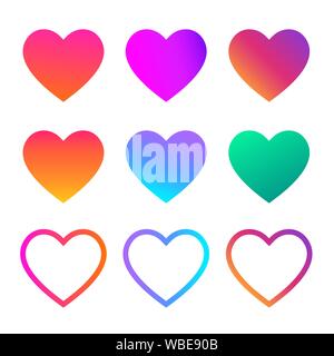 Collection of heart illustrations, Love symbol icon set. Trendy multicolor logo. Vector gradient fresh color set. Isolated illustration on white backg Stock Vector