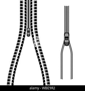 Two black tire track zipper with car silhouette isolated on white background Stock Vector