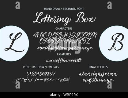 Cute hand drawn vector alphabet ABC font with hand drawn textured letters, numbers, symbols. For calligraphy, lettering, hand made quotes. Stock Vector