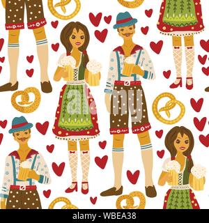 Beer festival vector seamless pattern. Oktoberfest colour illustration with happy man and woman in traditional clothes drinking beer with gingerbread. Stock Vector