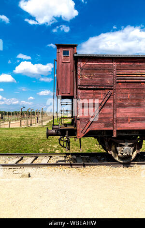 Güterwagen rail carriage as used for deportations to Auschwitz-Birkenau Nazi concentration camp, Poland Stock Photo