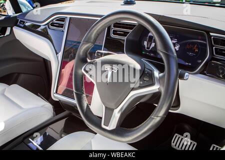 Tesla Model X SUV dashboard electric vehicle at the Ormskirk Motorfest in Lancashire, UK Stock Photo