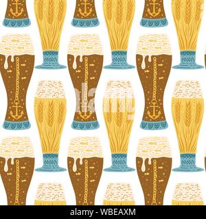 Beer festival vector seamless pattern in flat scandinavian style. Oktoberfest colour illustration with dark and light beer in glasses. Stock Vector