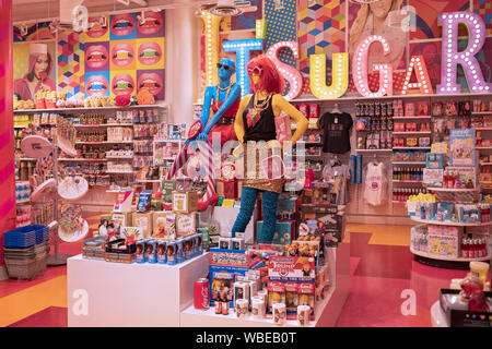 A section of the interior of IT'SUGAR, a candy by the pound and tchotchke store on Broadway in Lower Manhattan, New York City. Stock Photo