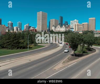 Stunning view of downtown Edmonton, Alberta, Canada. Taken on sunny summer day from River Valley Park. Stock Photo