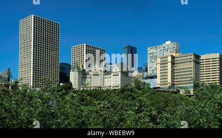 Stunning view of downtown Edmonton, Alberta, Canada. Taken on sunny summer day from River Valley Park. Stock Photo