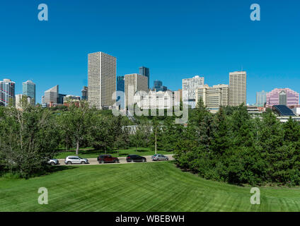 Stunning view of downtown Edmonton, Alberta, Canada. Taken on sunny summer day from River Valley Park. Stock Photo