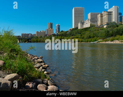 Stunning view of downtown Edmonton, Alberta, Canada. Taken on sunny summer day from River Valley Park. Stock Photo