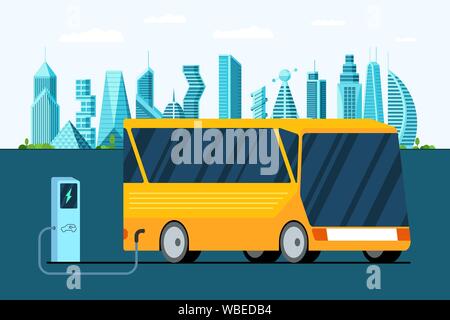 Yellow electric bus at refuelling power charging station on future city. Modern hybrid futuristic vehicle technology and eco public transport environment care concept. Electricity vector illustration Stock Vector