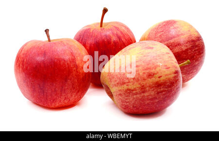 Four red apples with water droplets on white background, focus on the middle apple Stock Photo