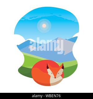 fox mammal happy autumn season sunny day mountains landscape vector illustration Stock Vector
