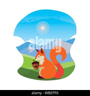 squirrel acorn happy autumn season sunny day mountains landscape vector illustration Stock Vector