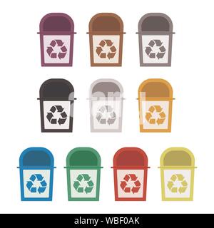 Colored bins for selective collection of paper, plastic, glass, metal, wood, medical waste, radioactive waste, organic waste. Flat design. Stock Vector