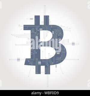 Electronic circuit branching from bitcoin symbol. Clean design. Stock Vector
