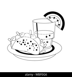 mexico culture and foods cartoons in black and white Stock Vector