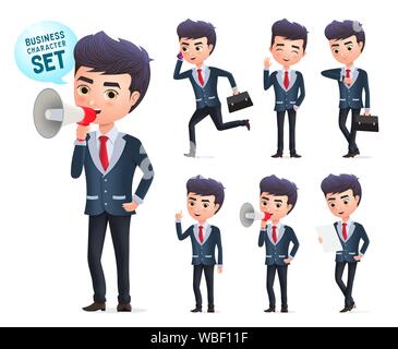 Male business vector character set. Business man office employee characters standing and holding megaphone while announcing with different pose. Stock Vector