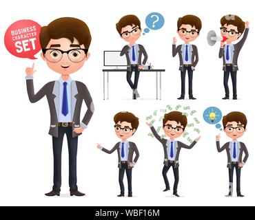 Male business characters set. Businessman professional character talking, standing and thinking in different pose and gesture isolated in white. Stock Vector