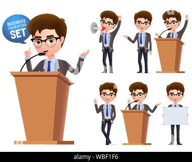 Male politician vector characters set. Business character  or politician speaking politics and standing in podium isolated with microphone in white. Stock Vector