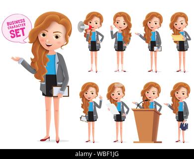 Business woman vector characters set. Businesswoman business character standing and talking about business isolated in white background. Stock Vector