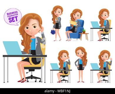 Business woman in desk vector characters set. Businesswoman office manager character happy working in office desk isolated in white background. Stock Vector