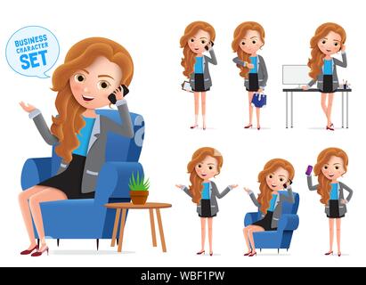 Businesswoman vector characters set. Sitting business woman young office manager character talking on mobile phone isolated in white background, Stock Vector