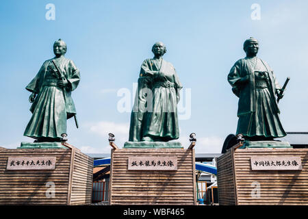 Kochi, Shikoku, Japan - April 20, 2019 : Statues of Takechi Hanpeita, Sakamoto Ryoma and Nakaoka Shintaro at Kochi railway station Stock Photo