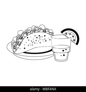 mexico culture and foods cartoons in black and white Stock Vector