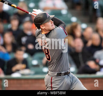 August 26, 2019: Arizona Diamondbacks catcher Carson Kelly (18) watches his fly out, during a MLB game between the Arizona Diamondbacks and the San Francisco Giants at Oracle Park in San Francisco, California. Valerie Shoaps/CSM Stock Photo