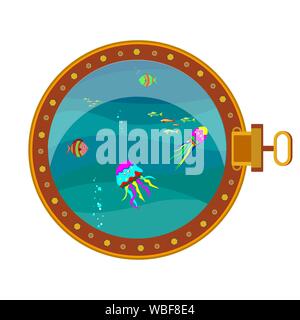 Porthole. View of the underwater world from the porthole. Isolated background. Vector illustration Stock Vector