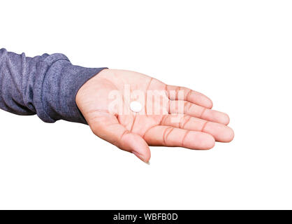 pills in hand male isolated on white background and clipping path. Stop drug use concept Stock Photo