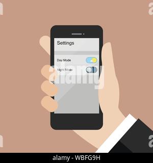 Hand choosing day mode or night mode in smartphone. Vector illustration Stock Vector
