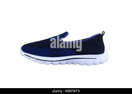 Sneakers blue with purple accents on a white sole. Sport shoes on a white background. Stock Photo