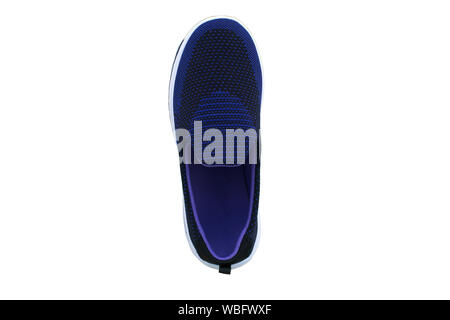 Sneakers blue with purple accents on a white sole. Sport shoes on a white background. Stock Photo