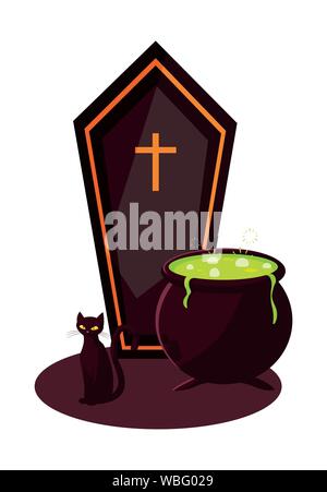 cauldron cauldron and cat happy halloween vector illustration Stock Vector