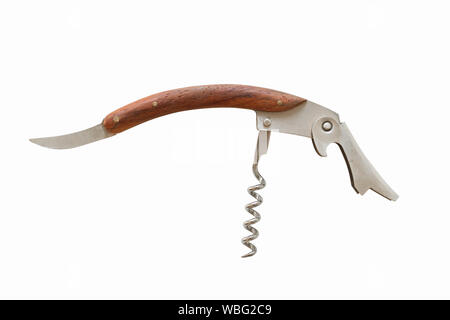 Multi tasking metal and wooden penknife isolated on white background Pocket many tasking compact penknife. Stock Photo