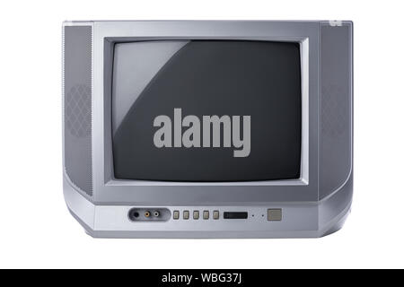 Television, Vintage portable tv with static screen isolated on white background. Stock Photo