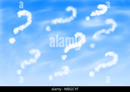 Question mark shaped clouds in a bright blue sky. Stock Photo