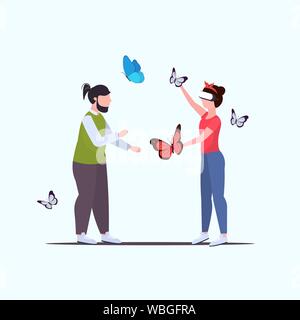 man looking at woman wearing digital glasses girl touching vr flying butterfly from smartphone screen headset vision virtual reality technology Stock Vector