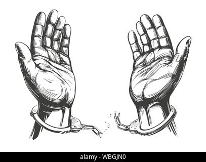 hands break the chain handcuffs, a symbol of freedom and forgiveness icon hand drawn vector illustration sketch. Stock Vector