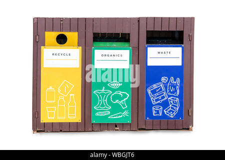 yellow,green,blue recycle bins isolated on white background. Waste separation trash sign and symbol made of wooden. clipping paths Stock Photo